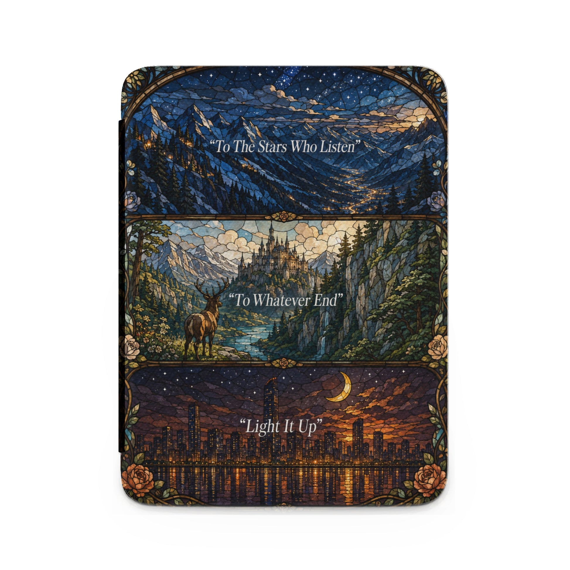 Stained glass art showing mountains, castle, deer, and city skyline with quotes.