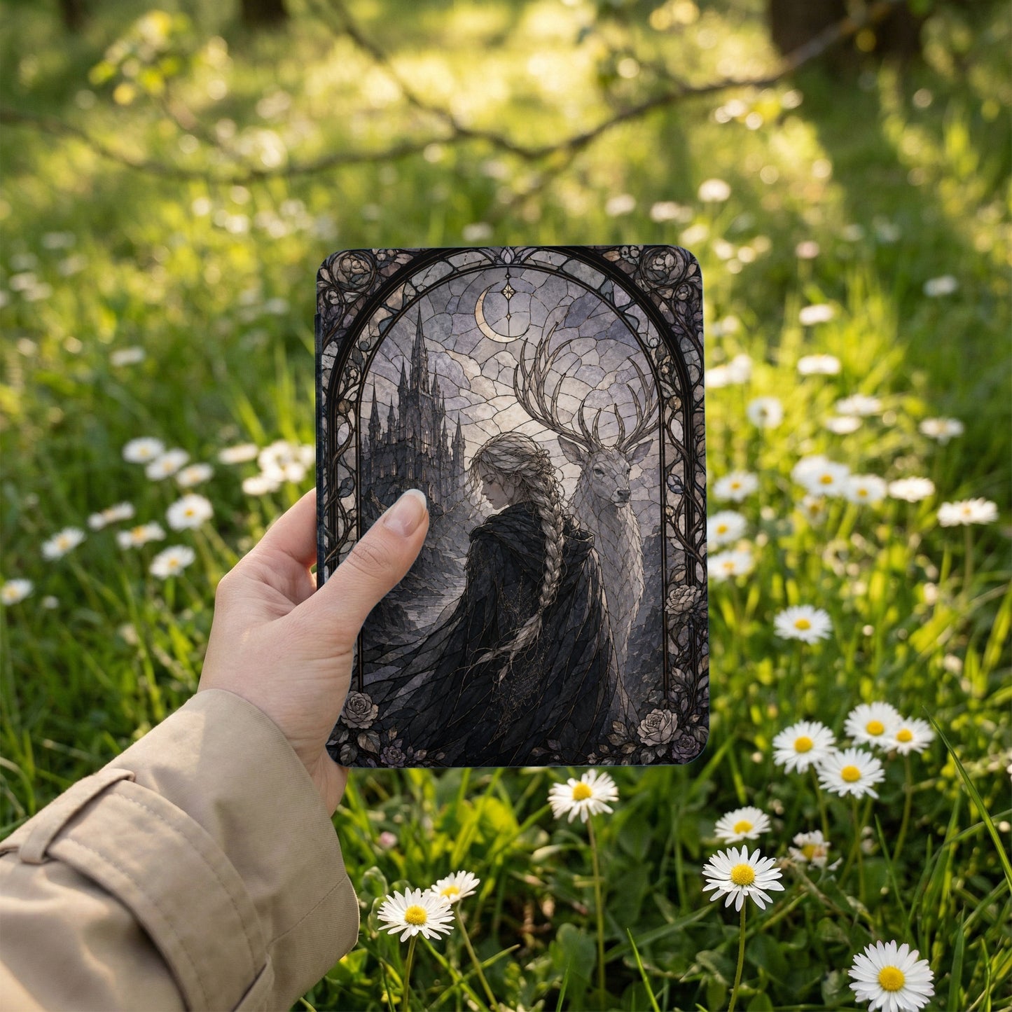 Hand holding a card depicting a castle, woman, and deer in stained glass style.