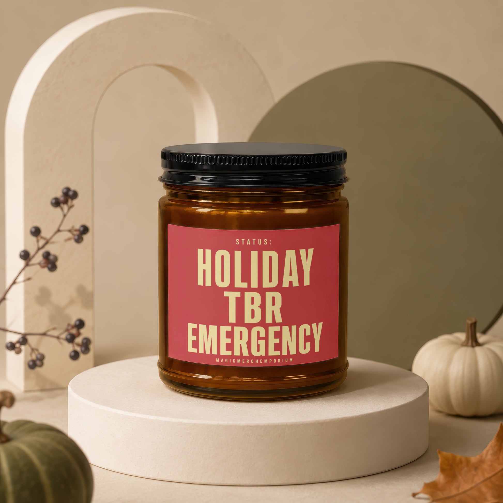 Amber candle jar with "Holiday TBR Emergency" text on a red label.