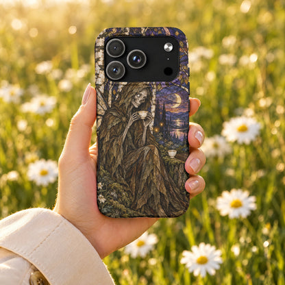 A hand holds a smartphone featuring a stained-glass style illustration of a cloaked skeletal figure drinking tea against a twilight landscape.