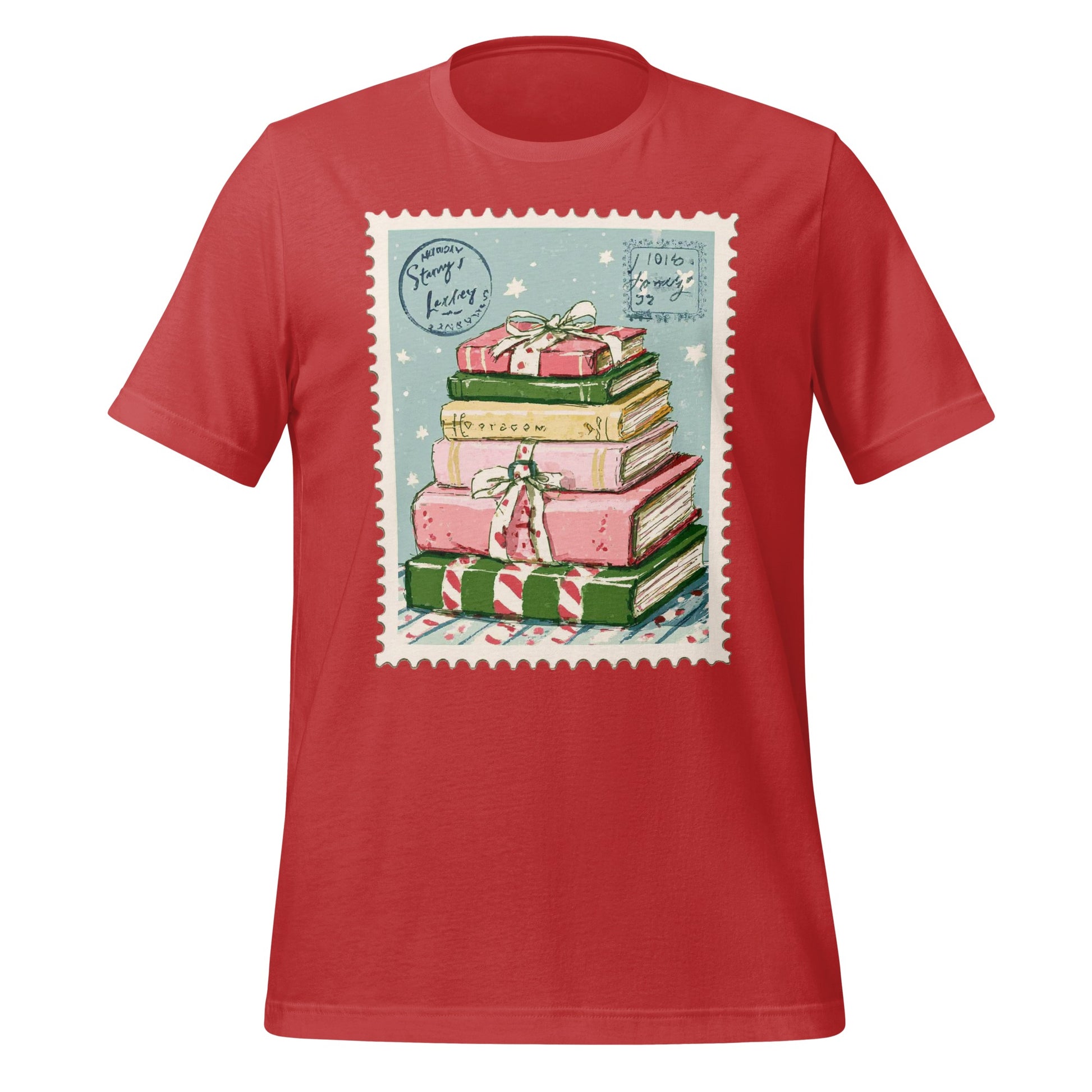 Festive Books Pile Graphic Print T-Shirt for Holidays