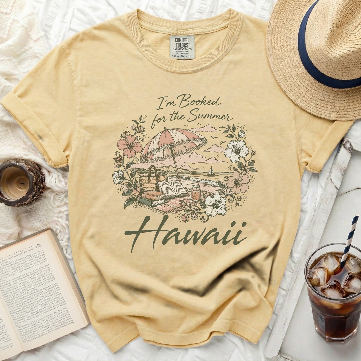 Yellow t-shirt with "I'm Booked for the Summer Hawaii" beach graphic.