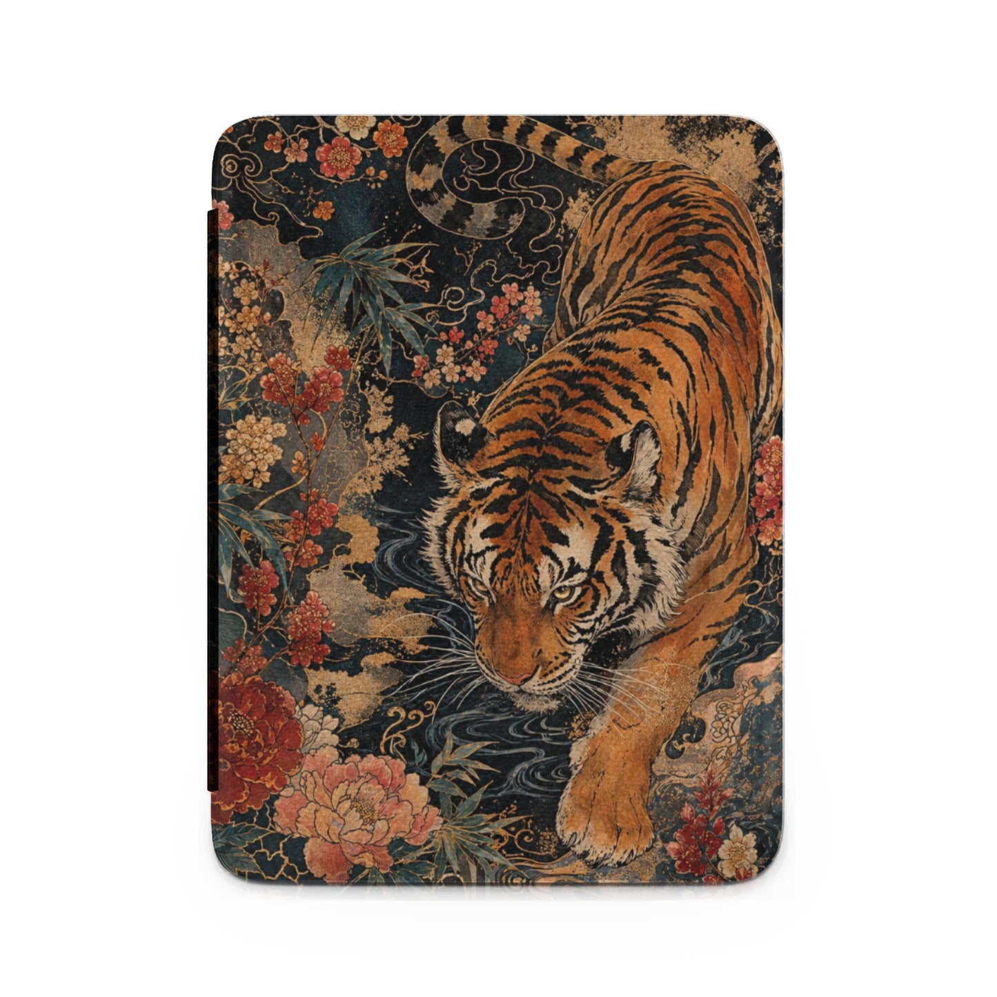 Tiger with floral and wave pattern on a dark background.