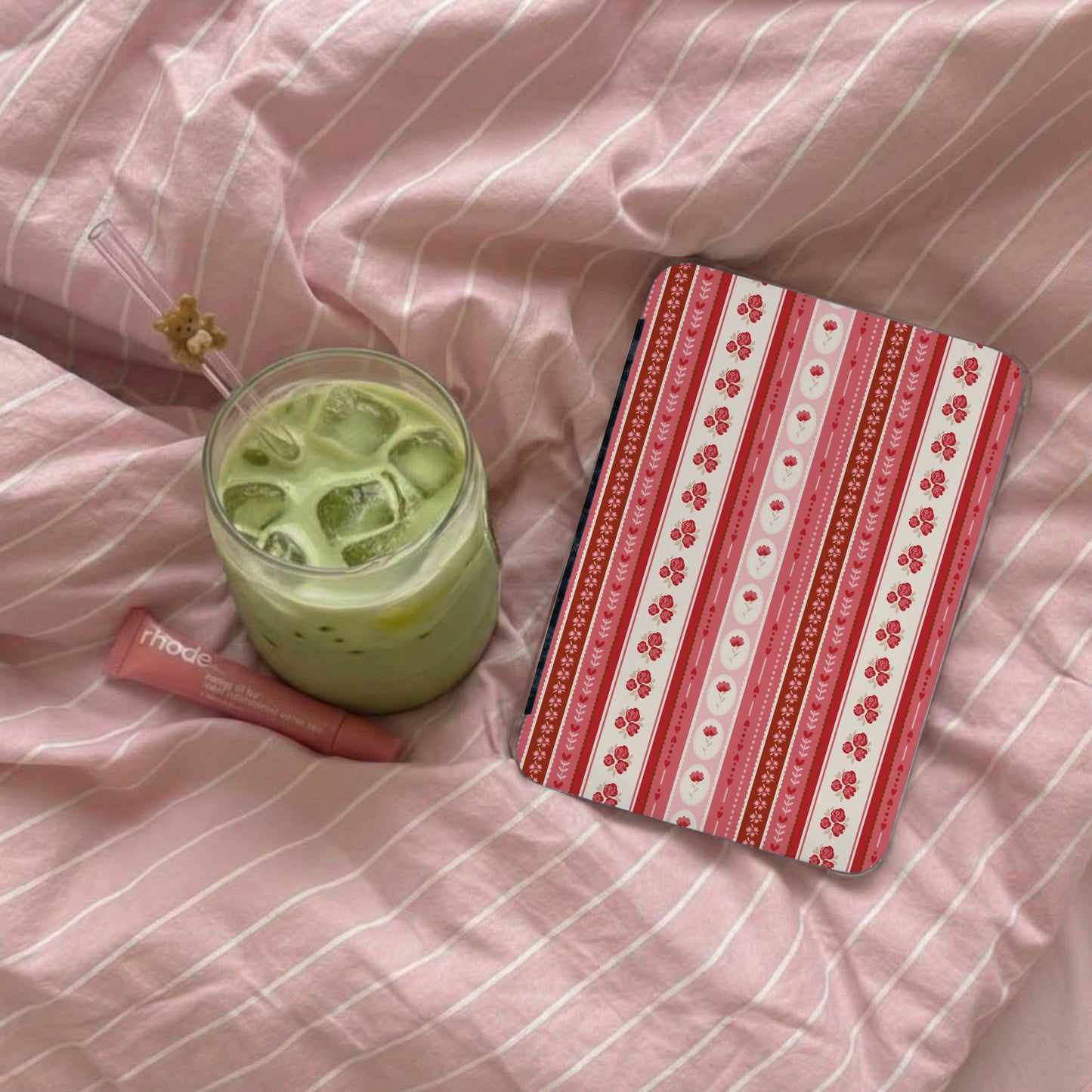 Pink and Red Striped Floral Design Tablet Cover