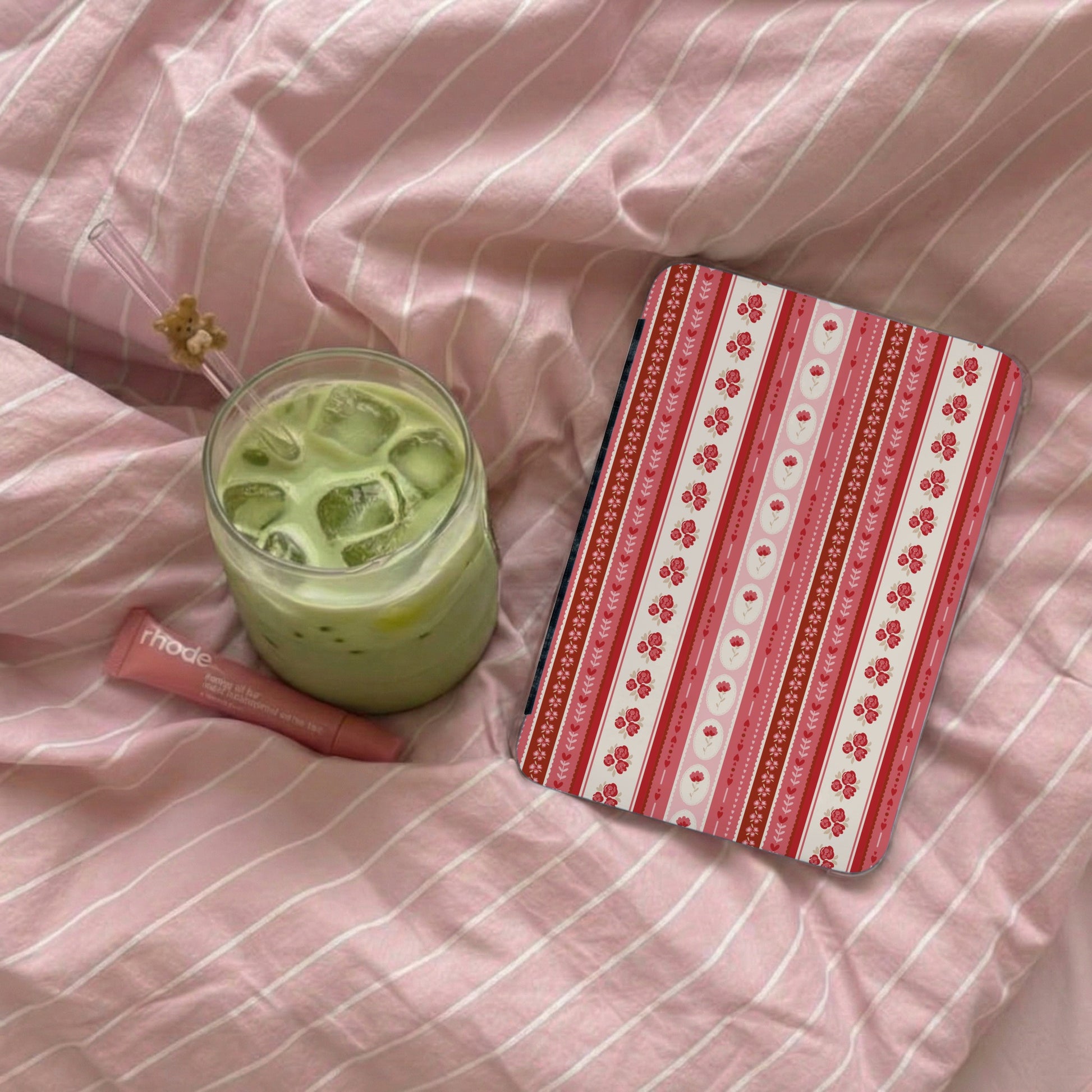 Pink and Red Striped Floral Design Tablet Cover