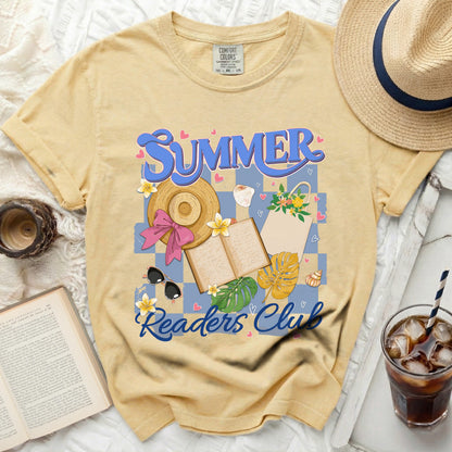Yellow "Summer Readers Club" t-shirt with straw hat, sunglasses, and an open book.