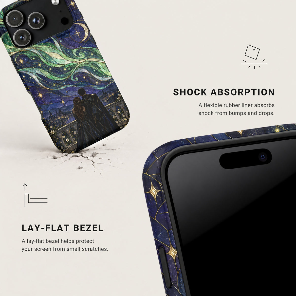 Two angles of a smartphone case featuring a stained-glass fantasy art design, highlighting shock absorption and lay-flat bezel features.