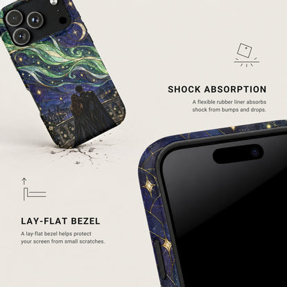 Two angles of a smartphone case featuring a stained-glass fantasy art design, highlighting shock absorption and lay-flat bezel features.