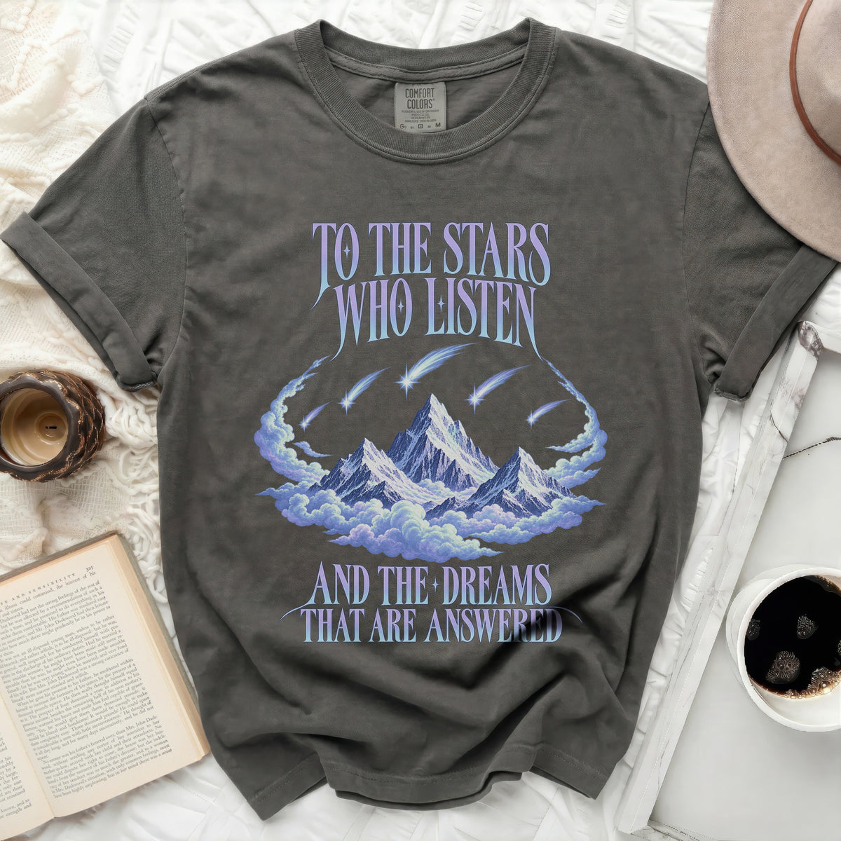 Charcoal t-shirt with "To the Stars Who Listen and the Dreams That Are Answered" graphic.
