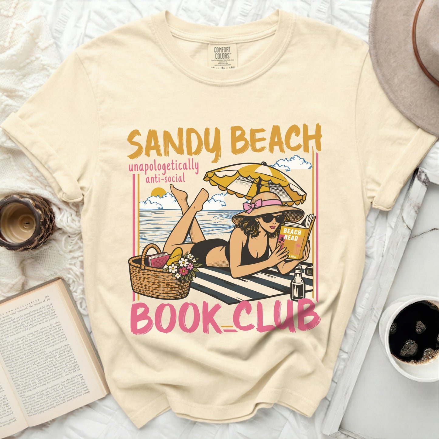 Sandy Beach Book Club design with woman reading on the beach.