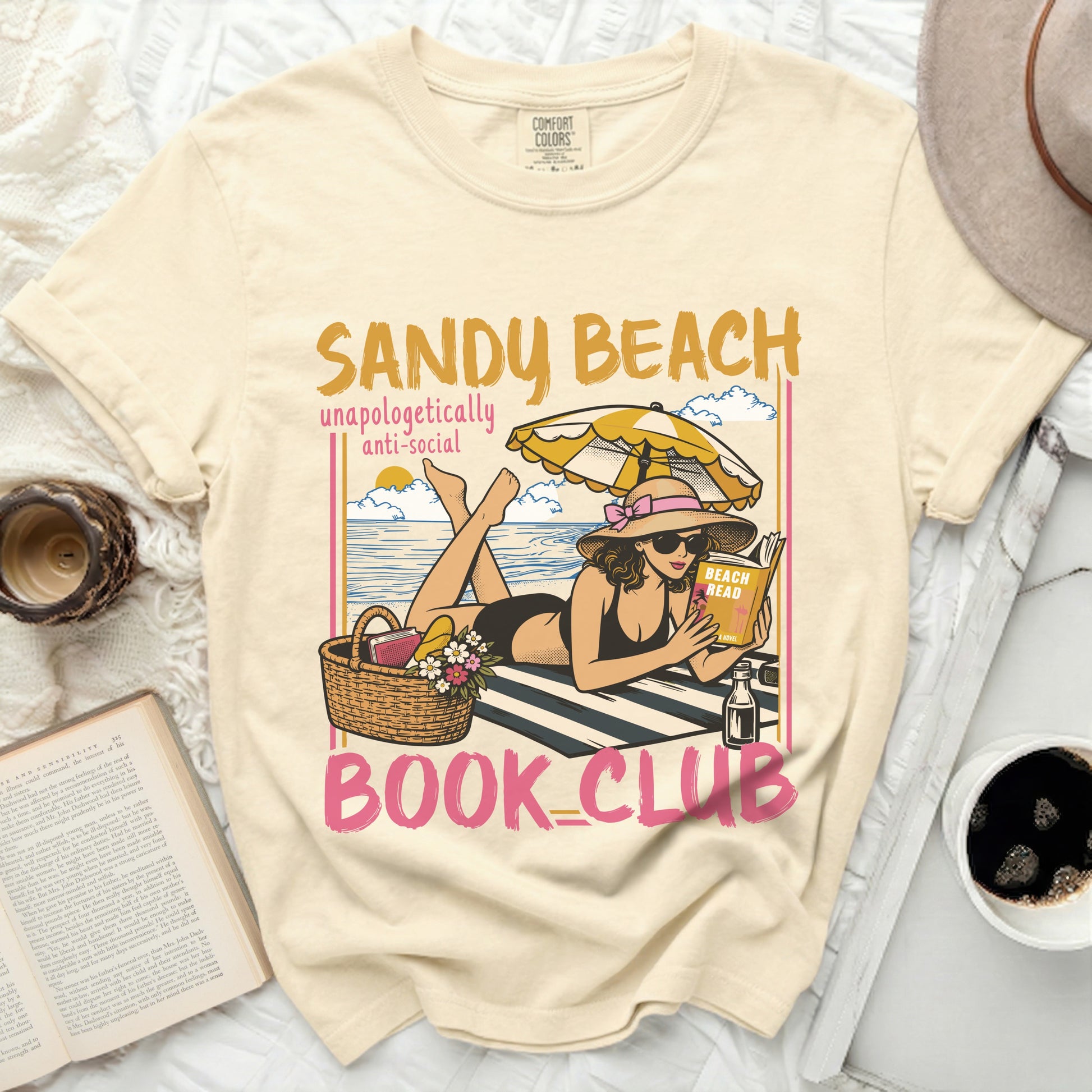 Sandy Beach Book Club design with woman reading on the beach.