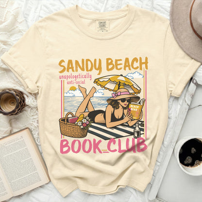 Sandy Beach Book Club design with woman reading on the beach.