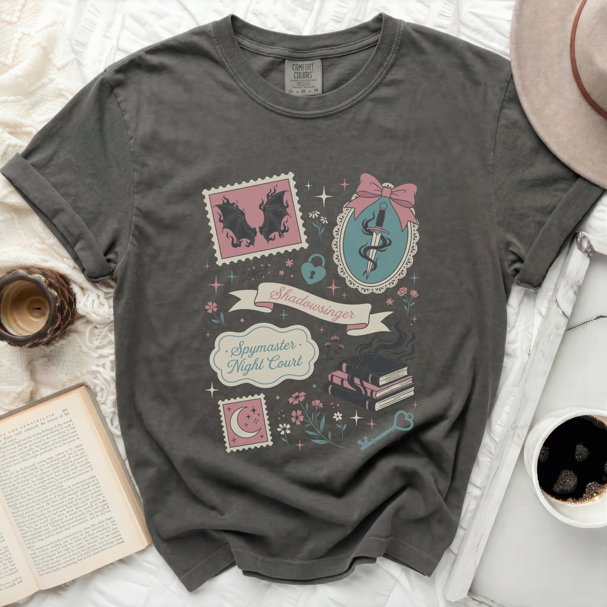 Dark gray Comfort Colors t-shirt with "Shadowsinger Spymaster Night Court" graphic.