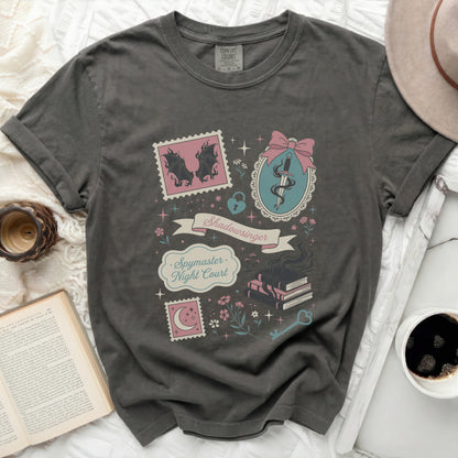 Dark gray Comfort Colors t-shirt with "Shadowsinger Spymaster Night Court" graphic.