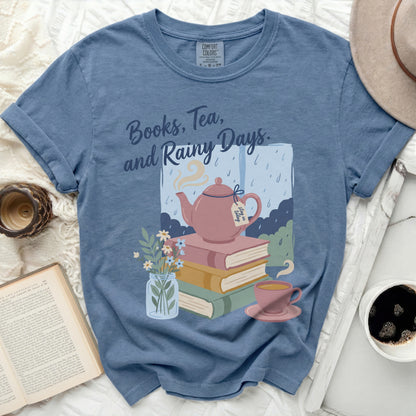 Blue t-shirt with "Books, Tea, and Rainy Days" graphic.