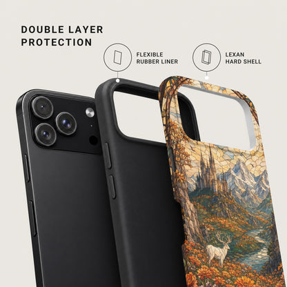 Diagram showing a phone case with double layer protection, featuring a flexible rubber liner and lexan hard shell.