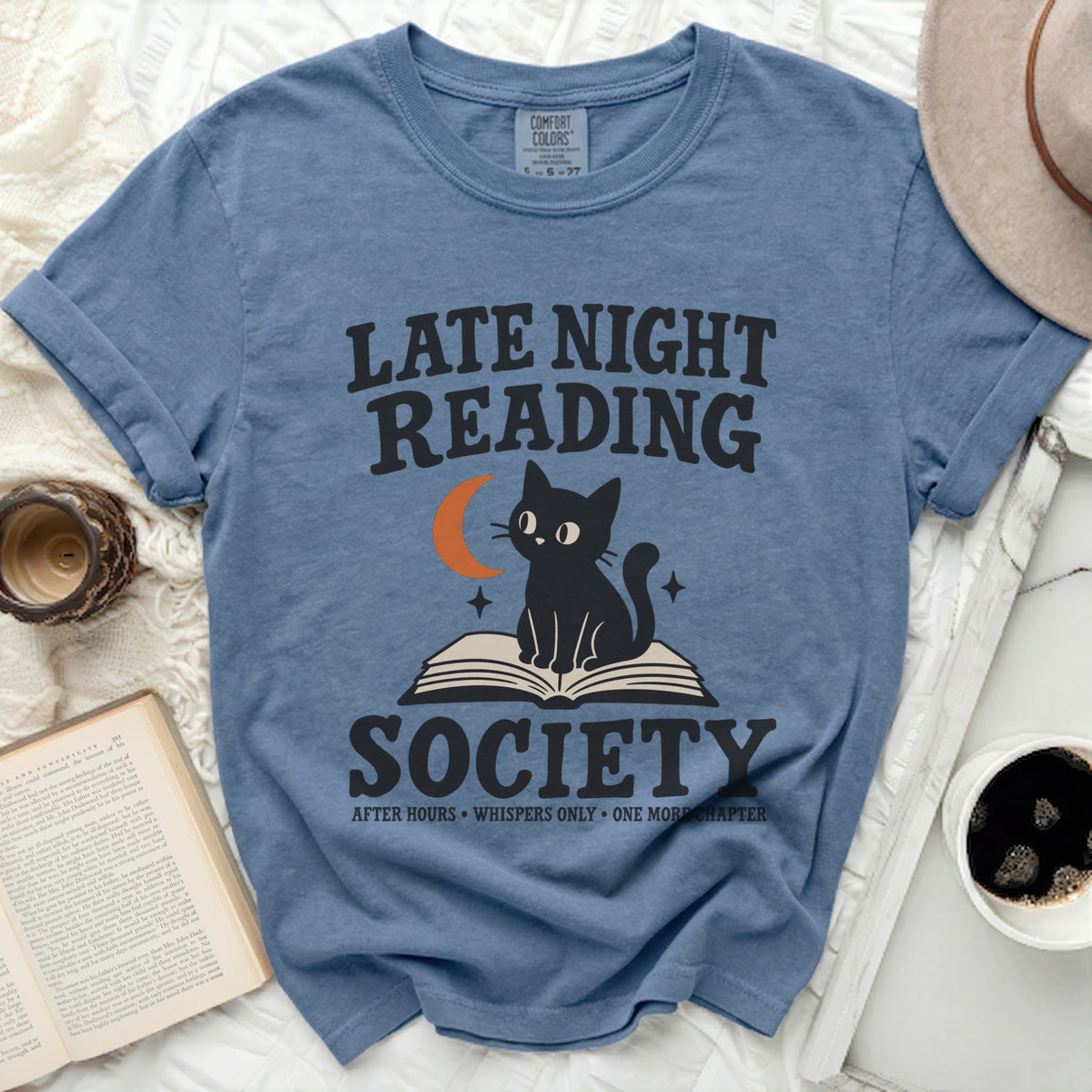 Blue t-shirt with "Late Night Reading Society" text, black cat, and moon.