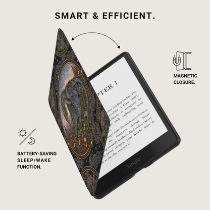 An e-reader with an open patterned case, highlighting smart sleep/wake and magnetic closure features.