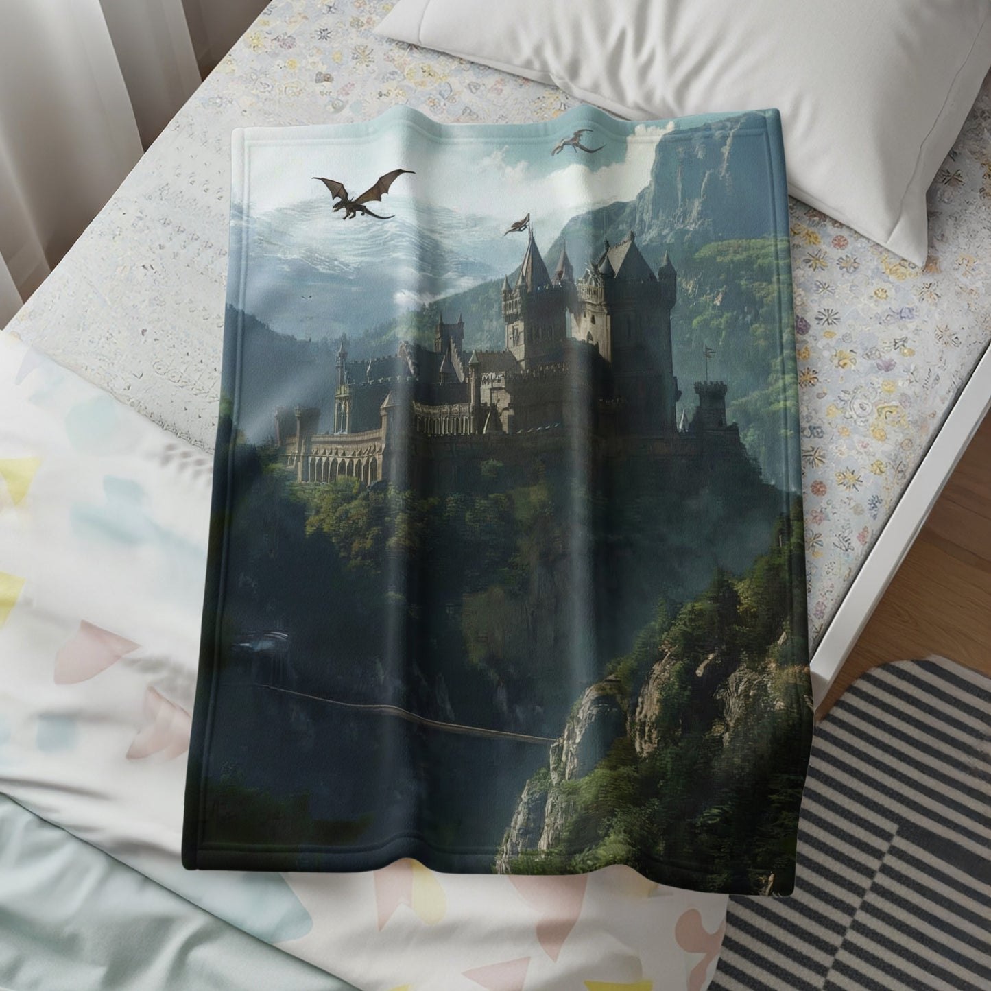 Enchanted Castle Blanket with Flying Dragons Design