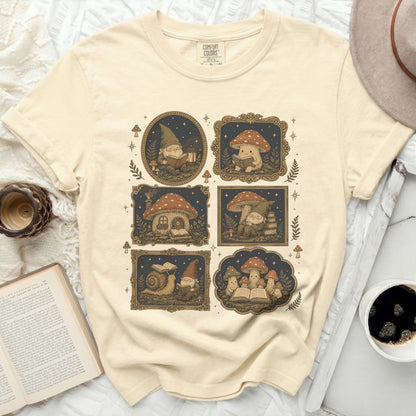 Comfort Colors shirt with a gnome, mushroom, and snail reading near stars.