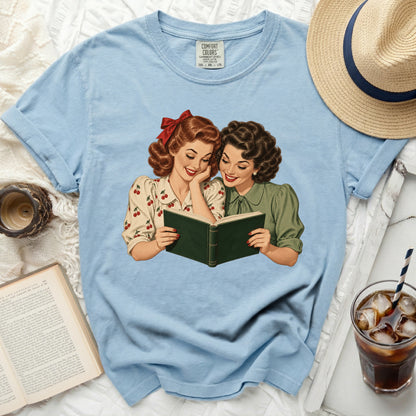 Light blue Comfort Colors t-shirt featuring retro women reading a book.