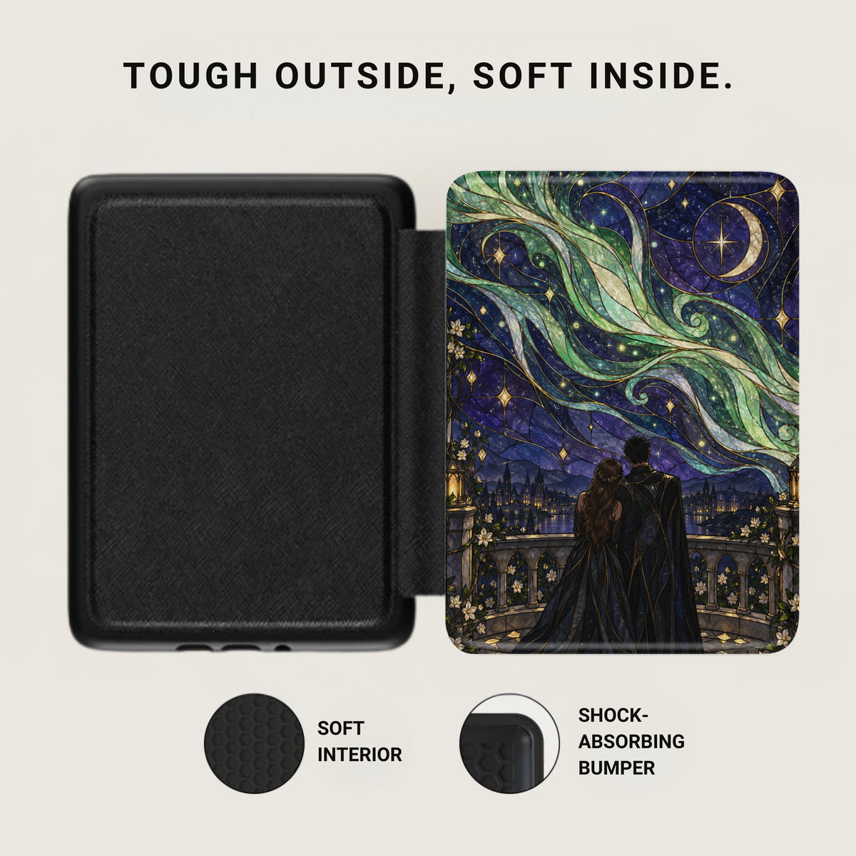 Black case with starry night design, showing soft interior and shock-absorbing bumper.
