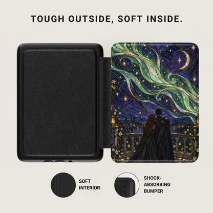 Black case with starry night design, showing soft interior and shock-absorbing bumper.