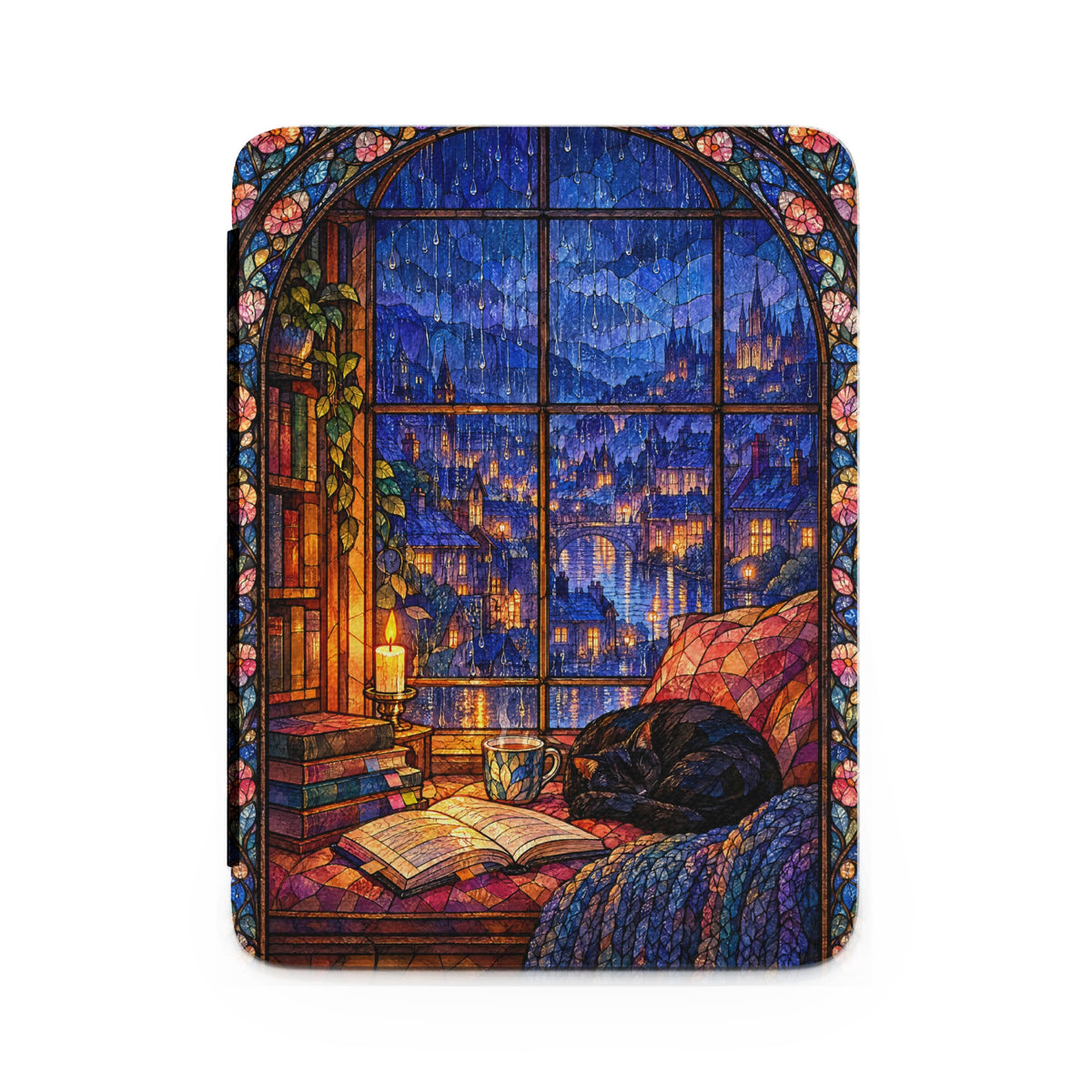 A Kindle case featuring a stained glass design of a cozy rainy night window scene.