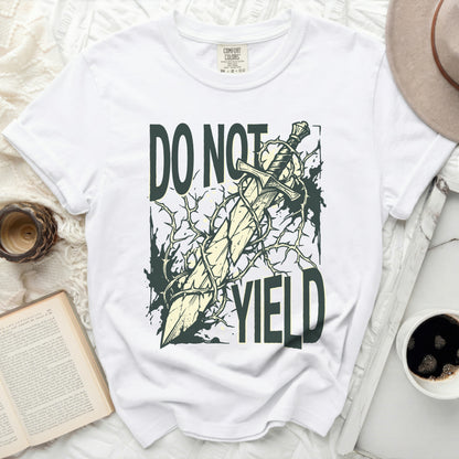 White t-shirt with "DO NOT YIELD" and a sword tangled in thorns.
