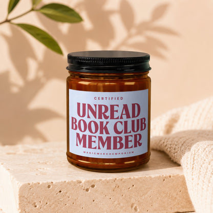 Amber jar with black lid, white label reading "CERTIFIED UNREAD BOOK CLUB MEMBER"