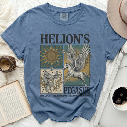 Helion's Pegasus graphic tee with sun, saddle, and Pegasus.