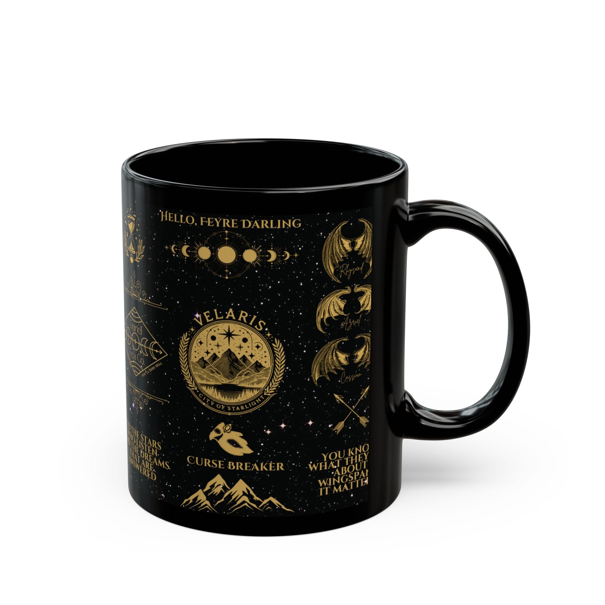 a black coffee mug with a golden design on it