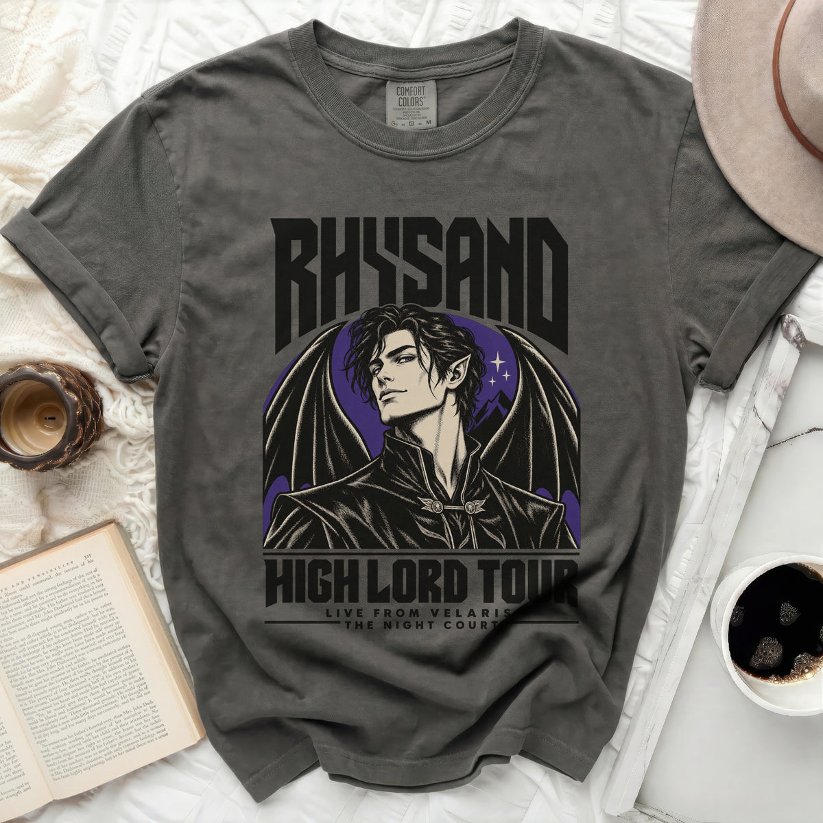 Gray t-shirt with Rhysand "High Lord Tour" graphic and black wings.