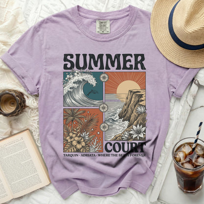 Purple t-shirt with "SUMMER COURT TARQUIN ADRIATA WHERE THE SEA IS FOREVER" graphic.