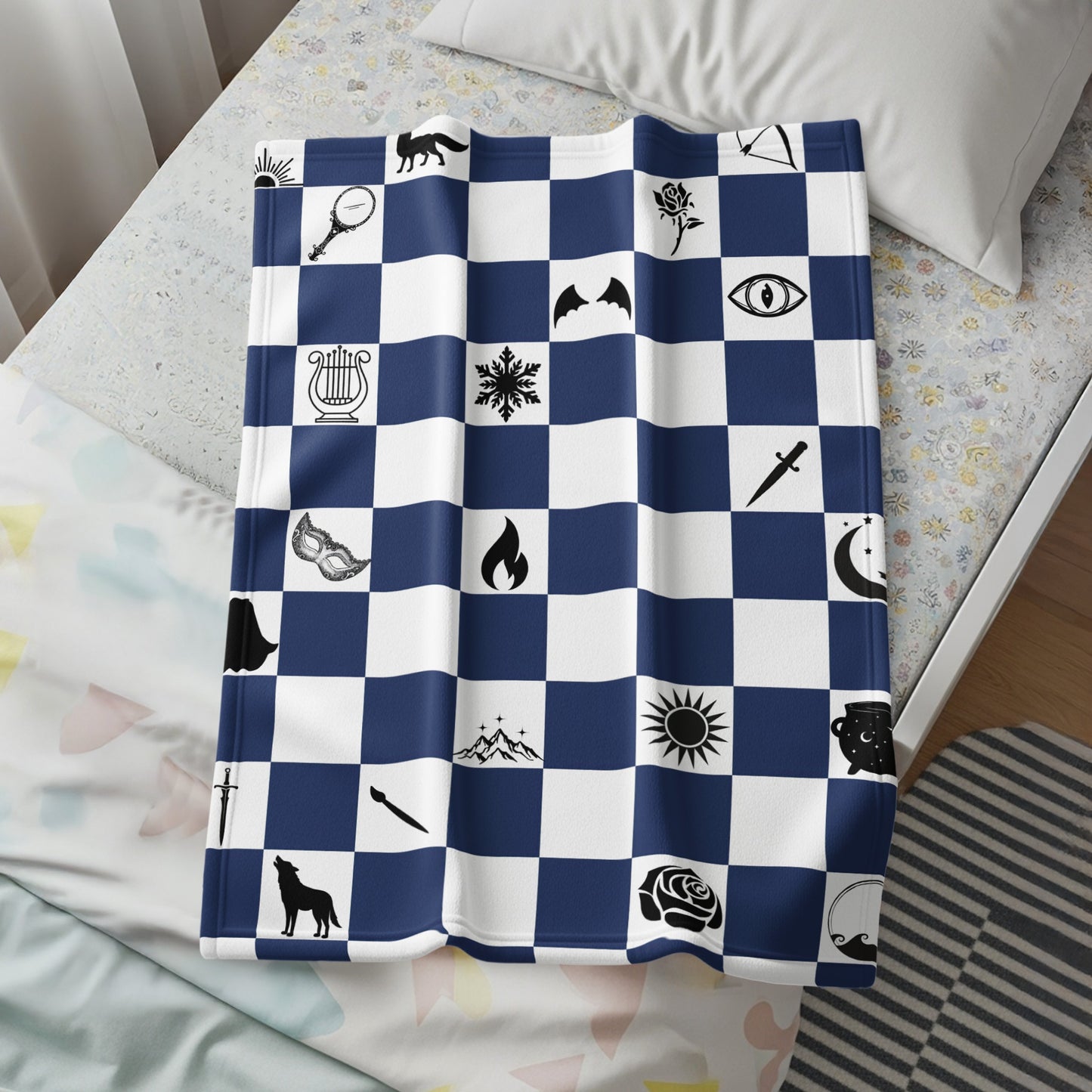 Blue and White Checkerboard Pattern with Icons Blanket