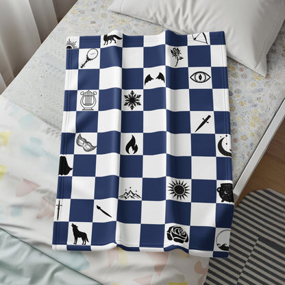 Blue and White Checkerboard Pattern with Icons Blanket