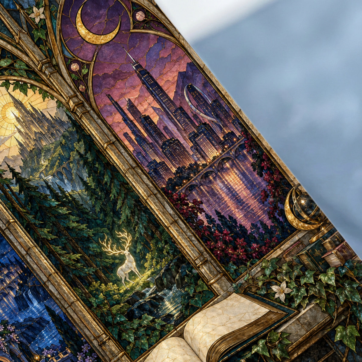 Detailed stained glass art with a castle, forest, city skyline, and open book.