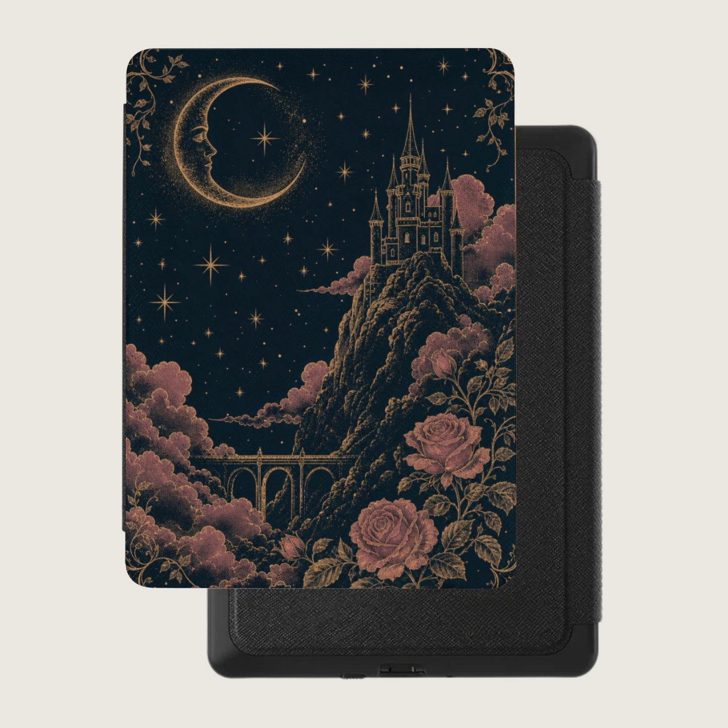 Book cover with dark background, crescent moon, castle on mountain, stars, clouds, roses, and bridge.