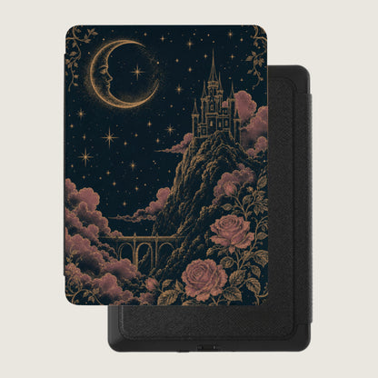 Book cover with dark background, crescent moon, castle on mountain, stars, clouds, roses, and bridge.