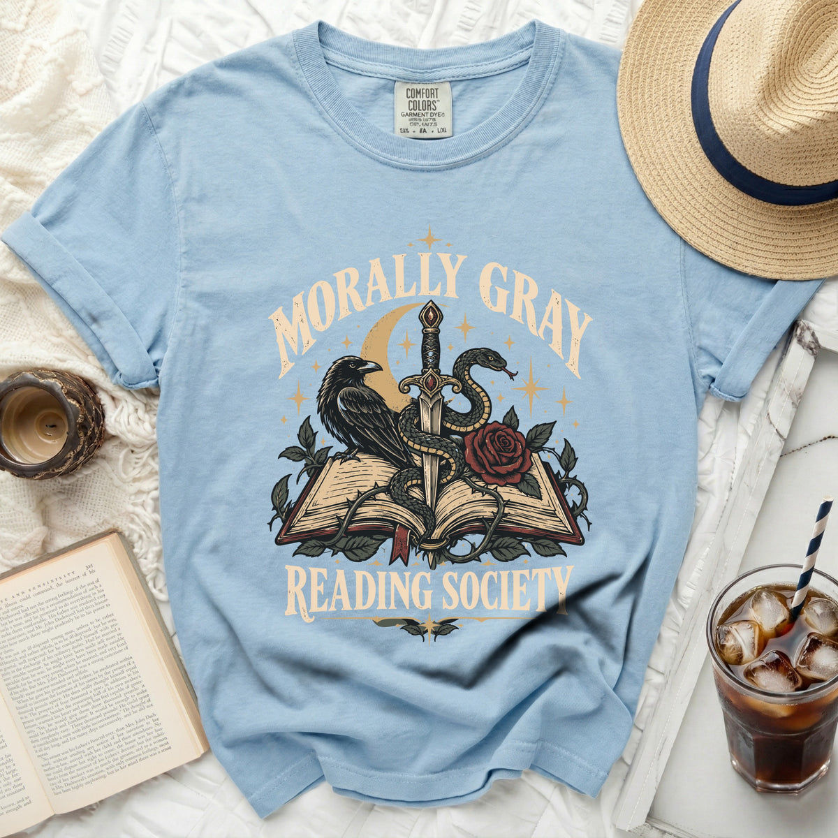 Light blue t-shirt with "Morally Gray Reading Society" text and gothic design.