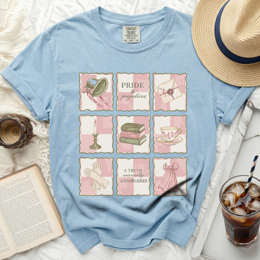 Light blue t-shirt with "Pride & Prejudices" print and literary illustrations.