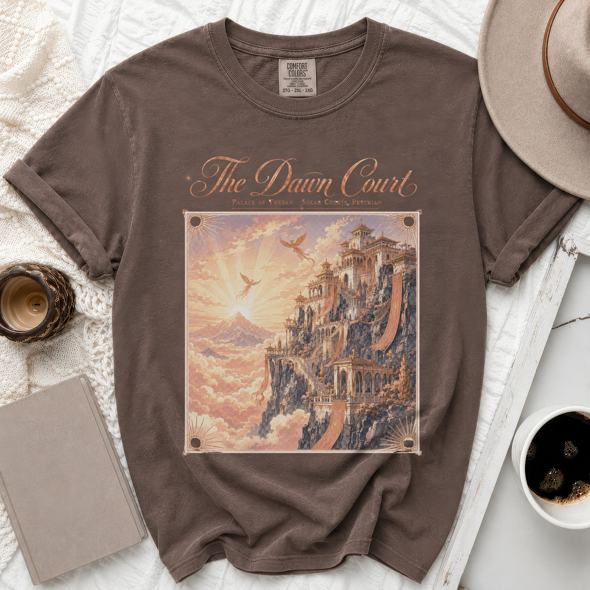 Brown t-shirt with "The Dawn Court" design featuring a fantasy palace and dragons.
