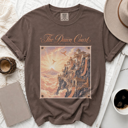 Brown t-shirt with "The Dawn Court" design featuring a fantasy palace and dragons.