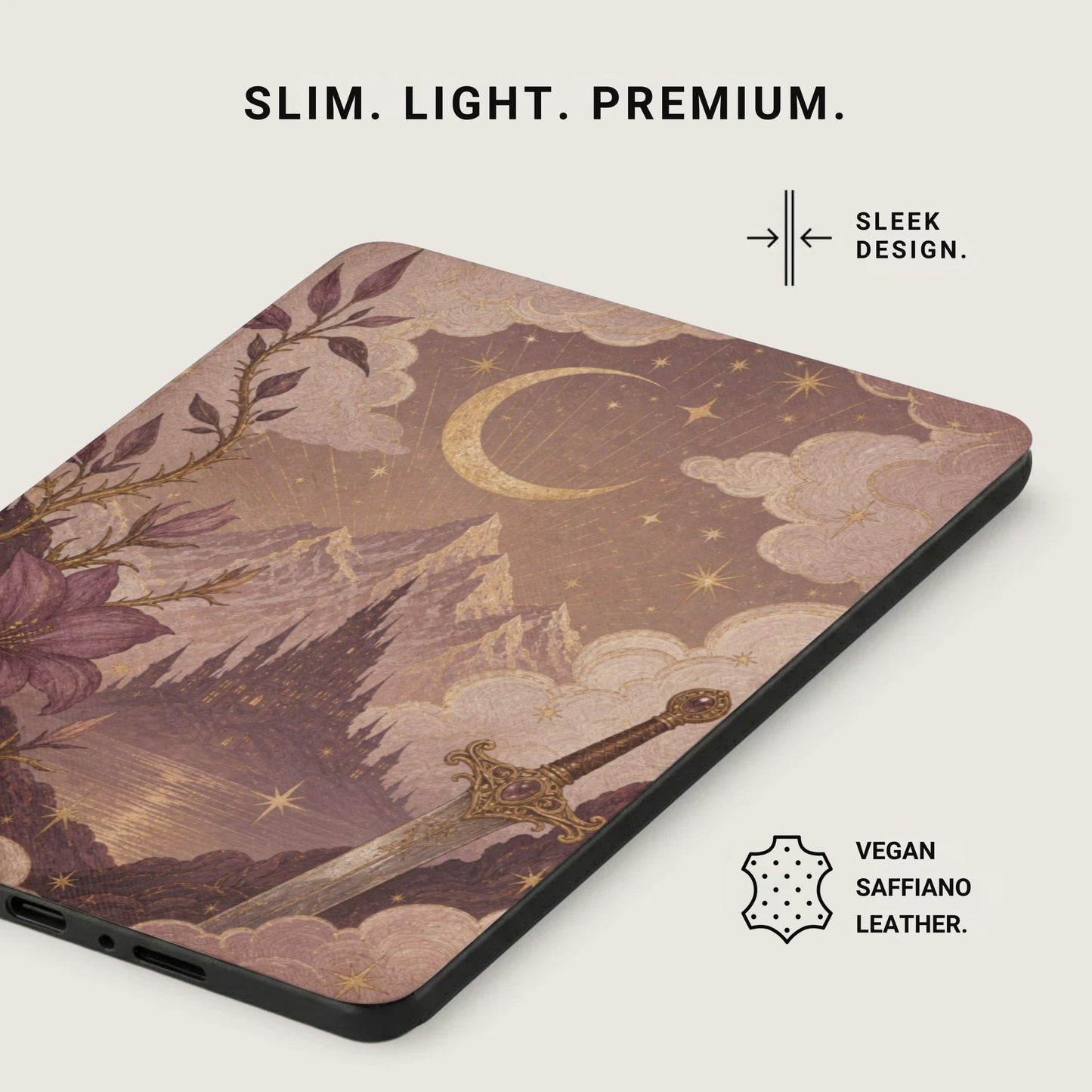 Case with celestial landscape, sword, mountains, and text "SLIM. LIGHT. PREMIUM."
