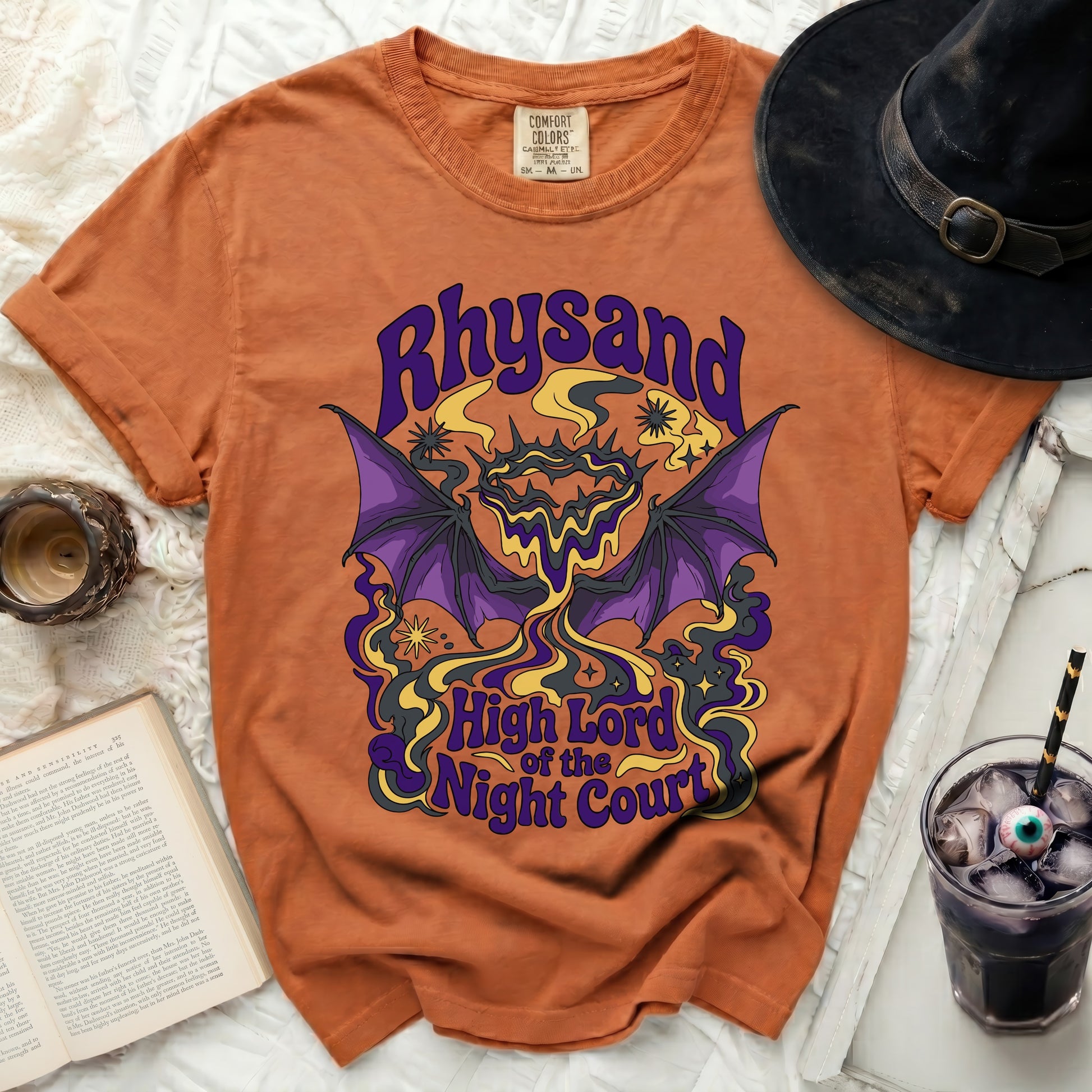 Orange t-shirt with "Rhysand High Lord of the Night Court" graphic and bat wings.