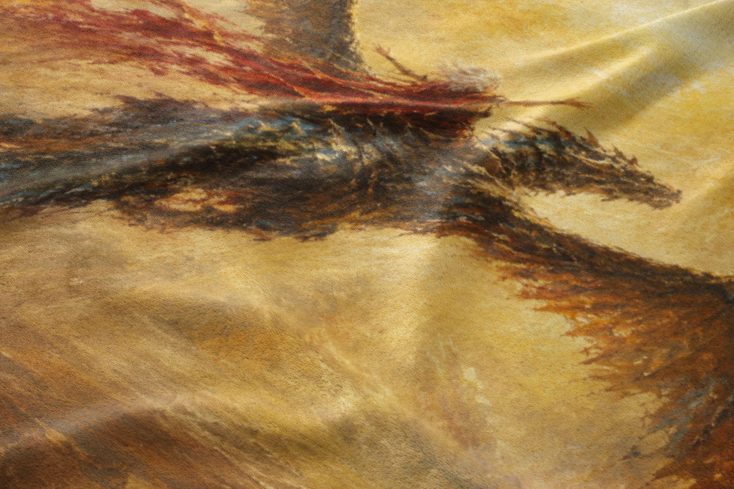 Painterly dragon with outstretched wings on a textured gold background.