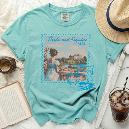 Turquoise t-shirt with a "Pride and Prejudice 1813" postage stamp graphic.