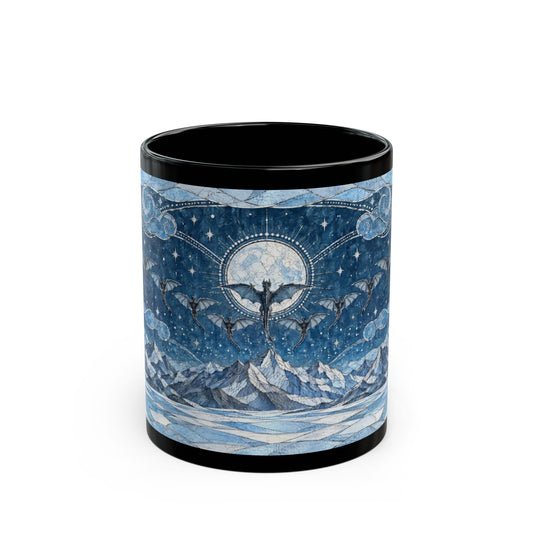 Black mug featuring a blue mosaic-style illustration of flying dragons over snow-capped mountains and a full moon.
