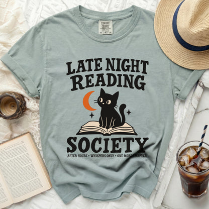 Light blue t-shirt with "Late Night Reading Society" graphic featuring a cat on a book.