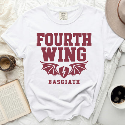 White t-shirt with "FOURTH WING" and "BASGIATH" in maroon text.